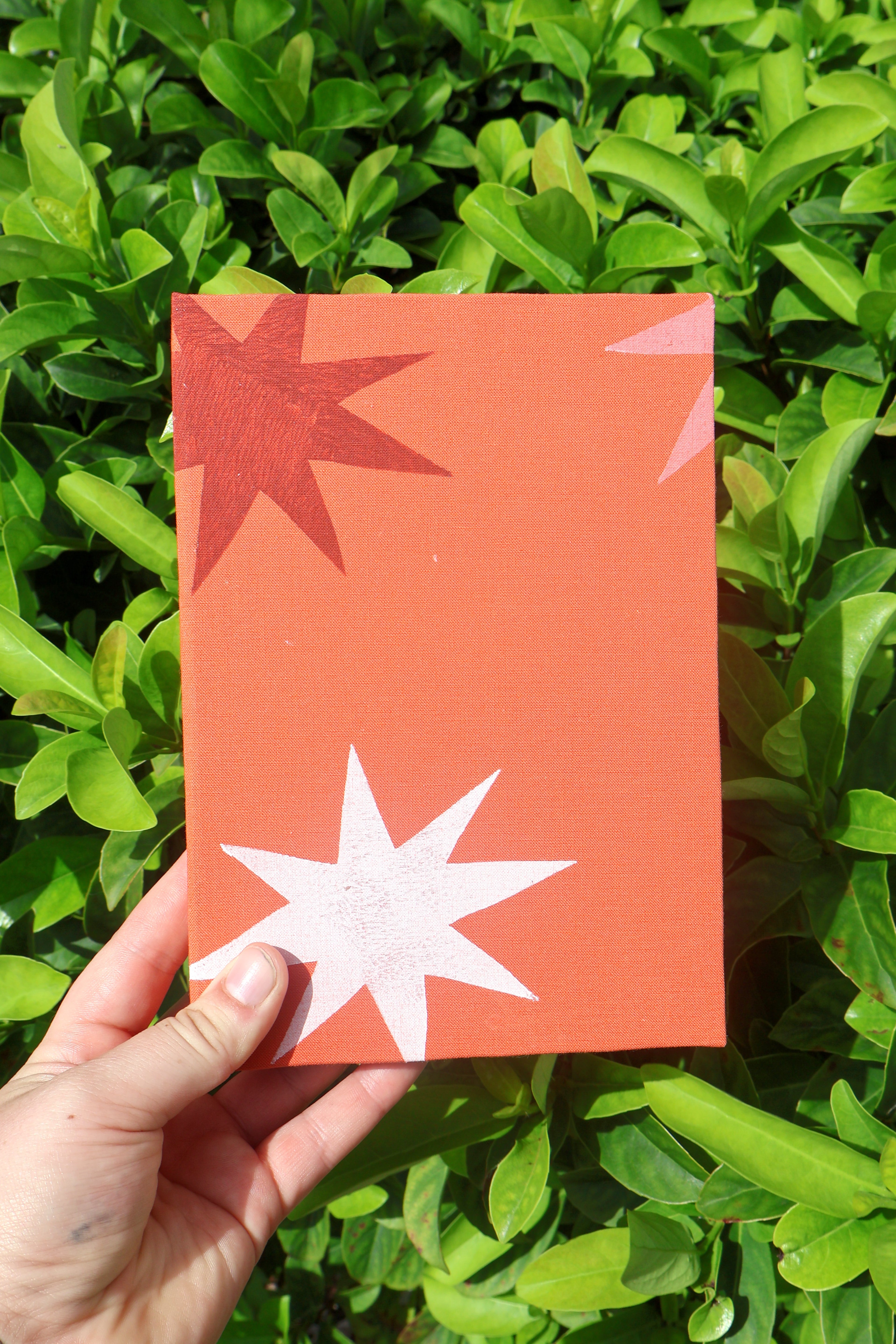 A hand holds an orange canvas print featuring hand-painted starburst designs in red and white, set against a background of green foliage. hand bound and printed by more love studio