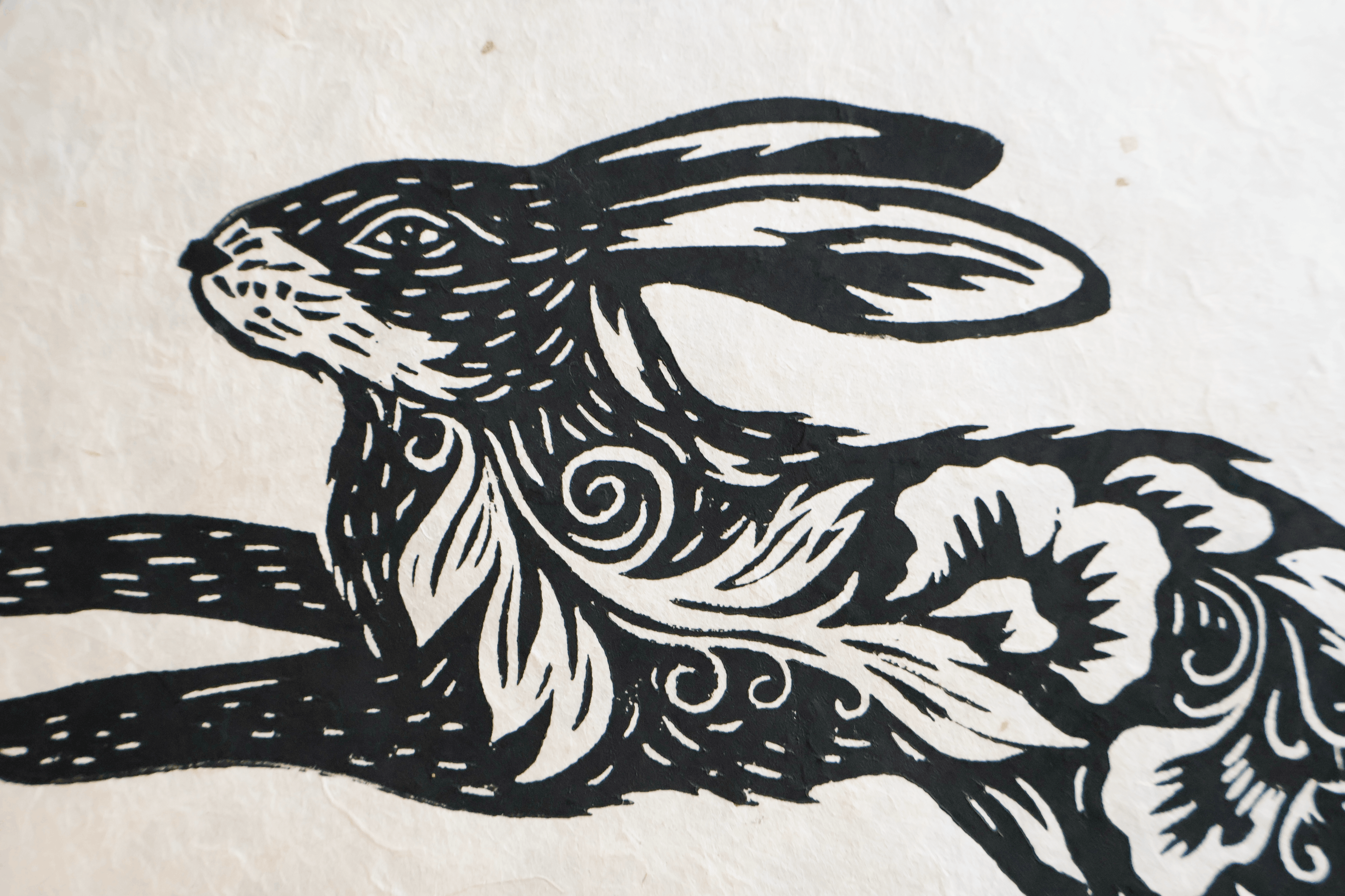 A close-up of a black ink rabbit illustration with ornate swirling linework on a textured off-white paper background.