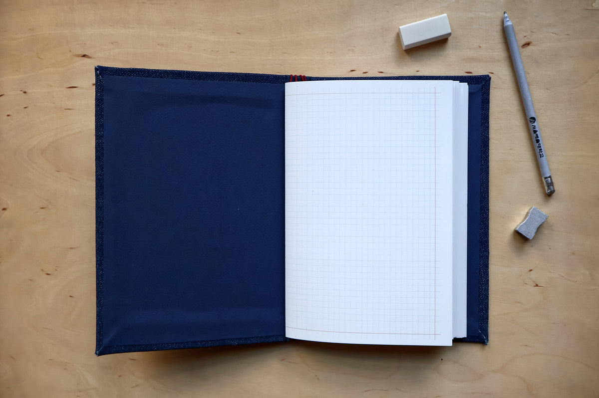 An open navy blue notebook with white graph paper pages, laid flat on a light wood surface alongside a gray pencil, two white erasers, and a small black eraser holder.