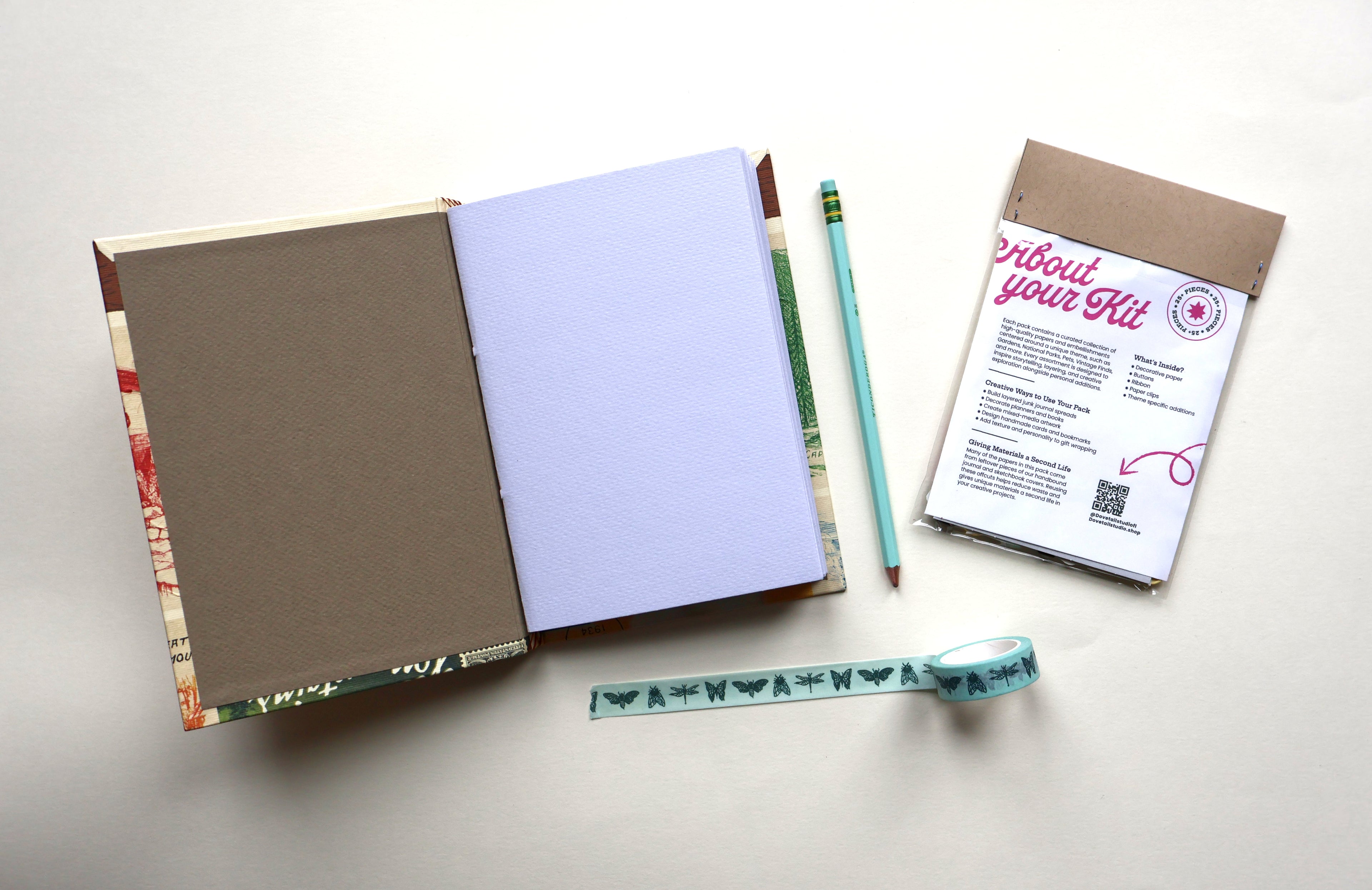 An open sketchbook with a brown left page, blank pages, and patterned edges, arranged on a light neutral background with a teal pencil, a small printed card reading 'About your Kit,' and a roll of patterned insect washi tape.