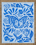Blue butterfly and floral pattern handmade linocut print on heavyweight paper