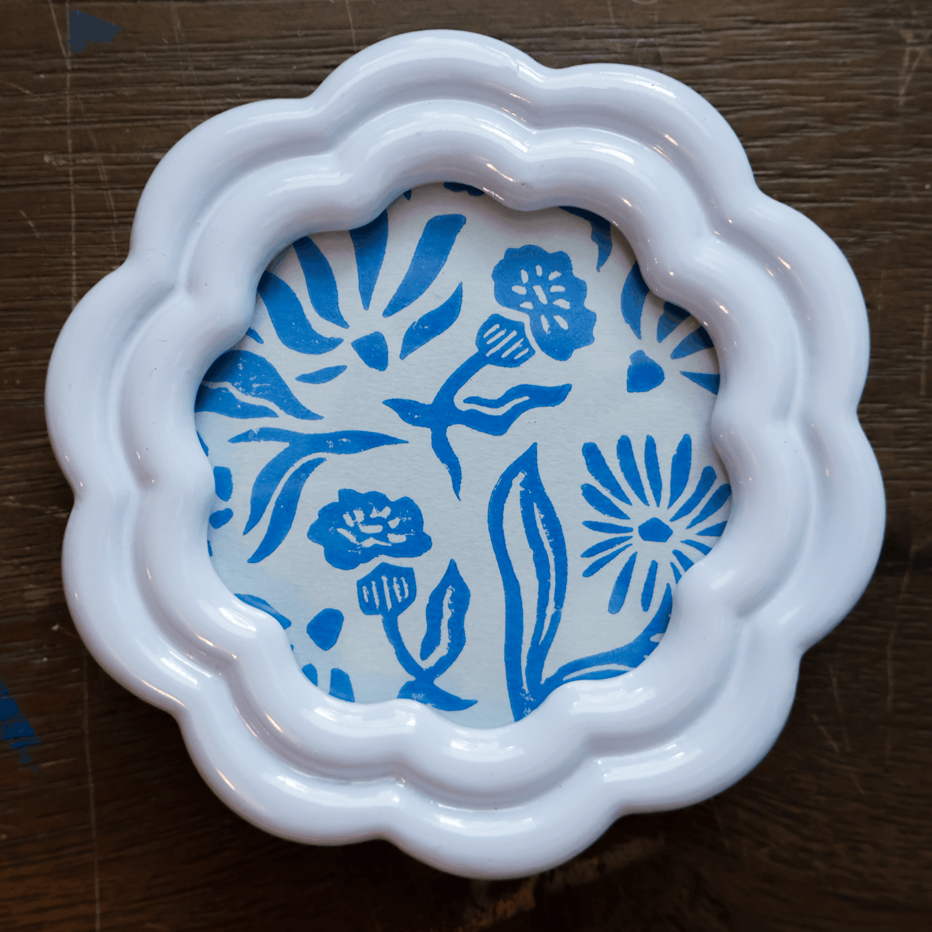 Framed Blue Floral Linocut Print