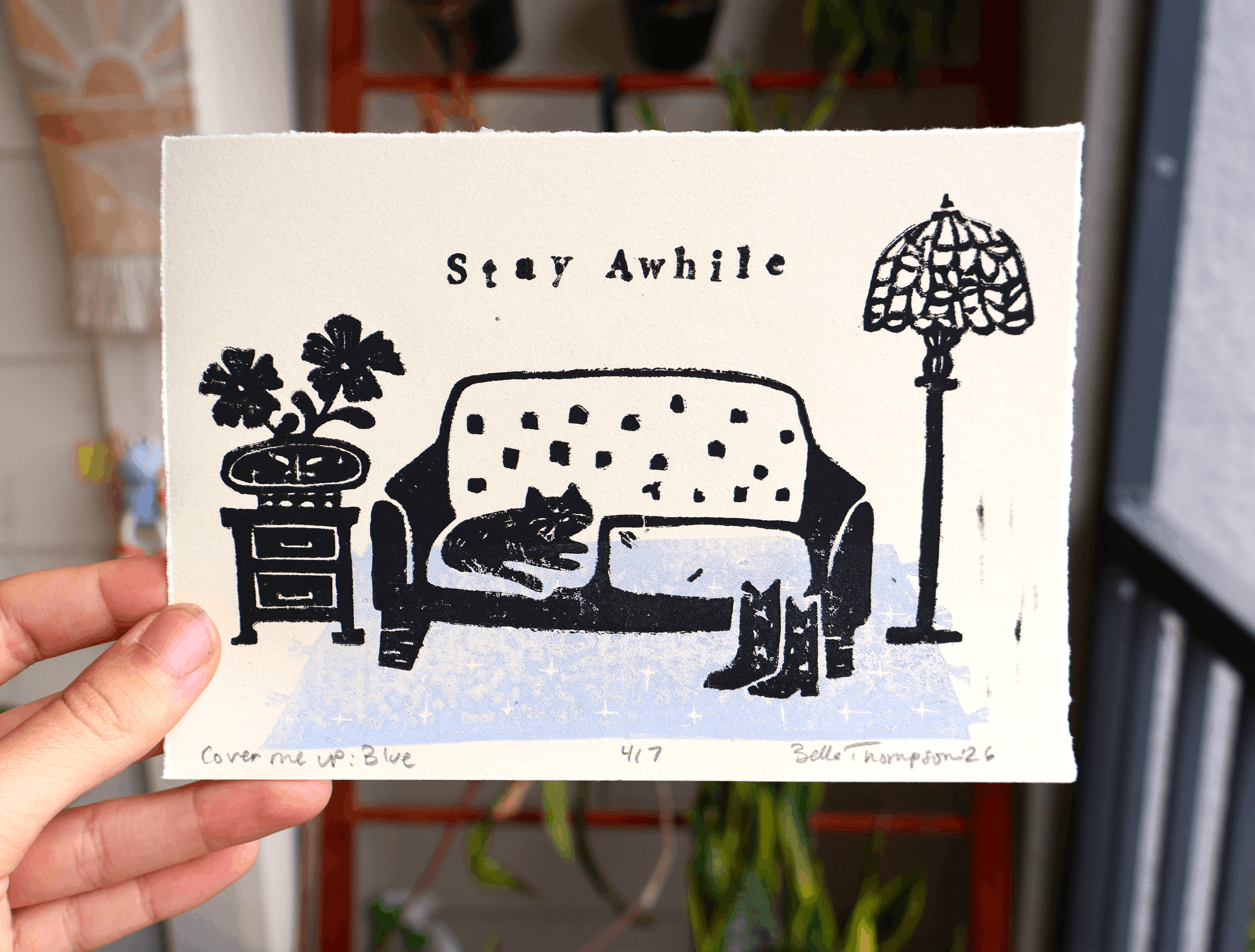 Stay Awhile Linocut Print