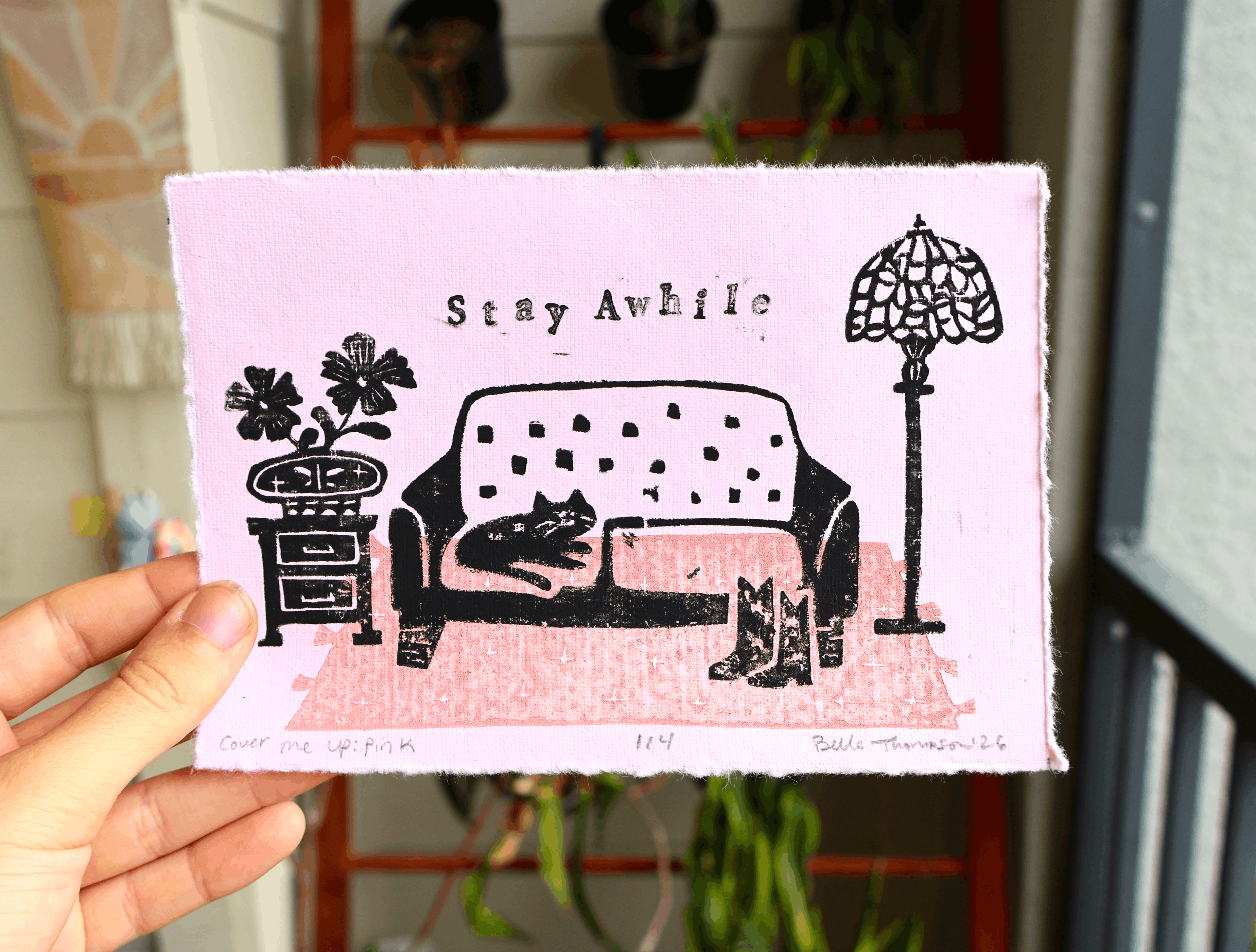 Stay Awhile Linocut Print