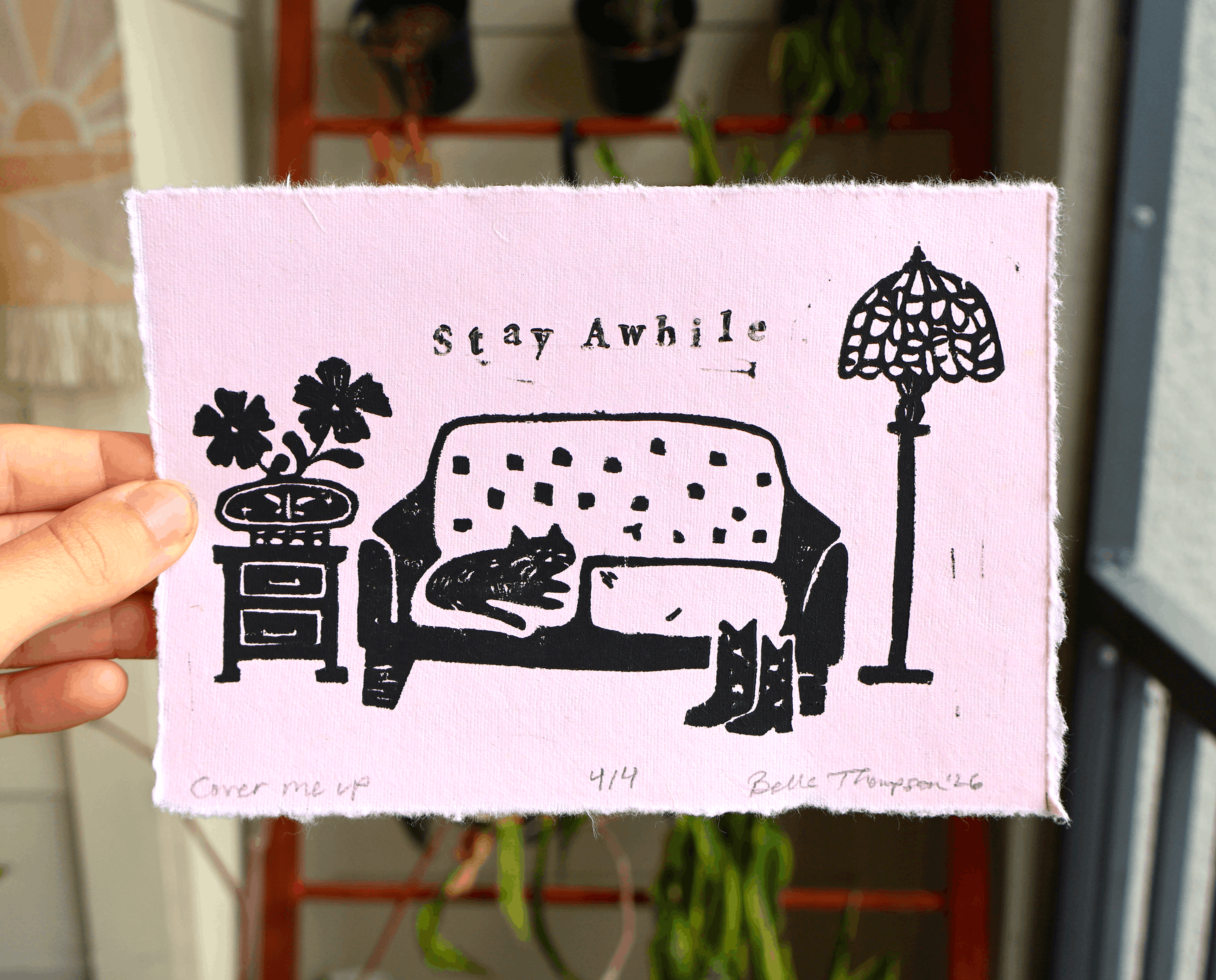 Stay Awhile Linocut Print