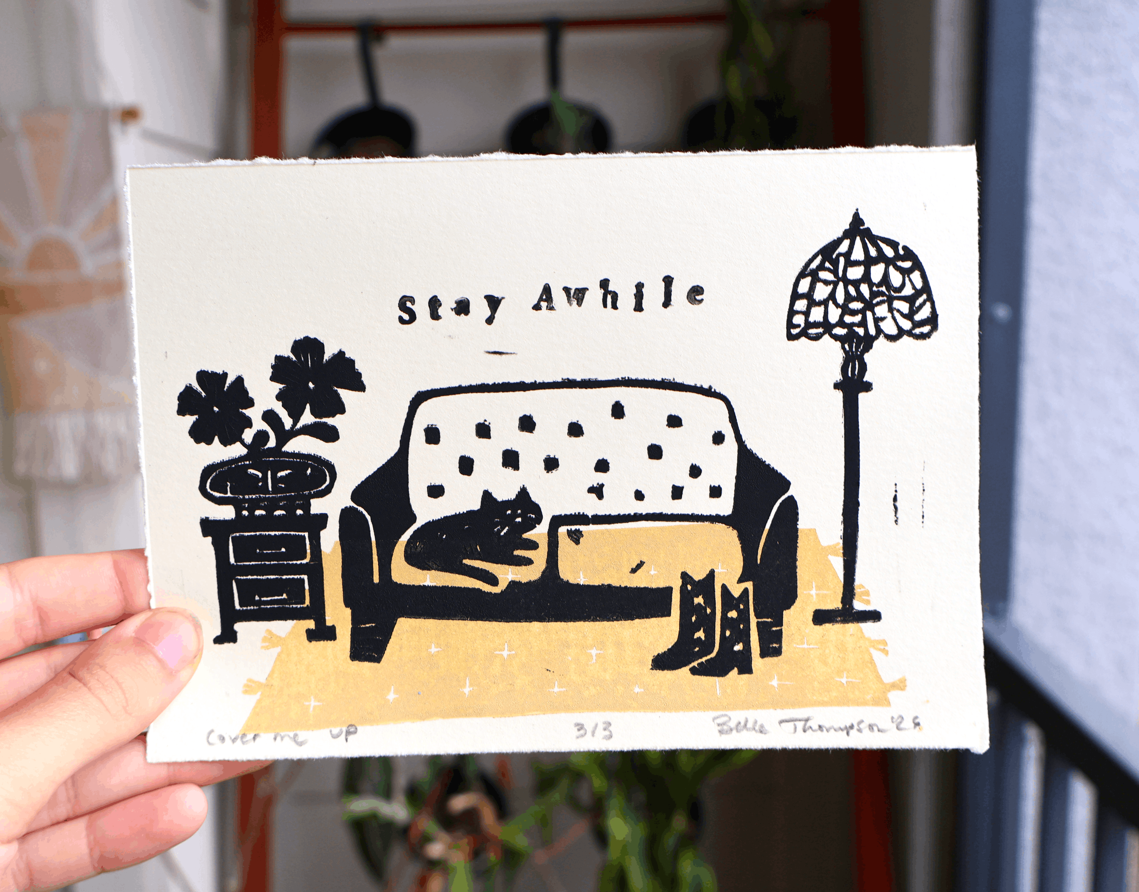 Stay Awhile Linocut Print