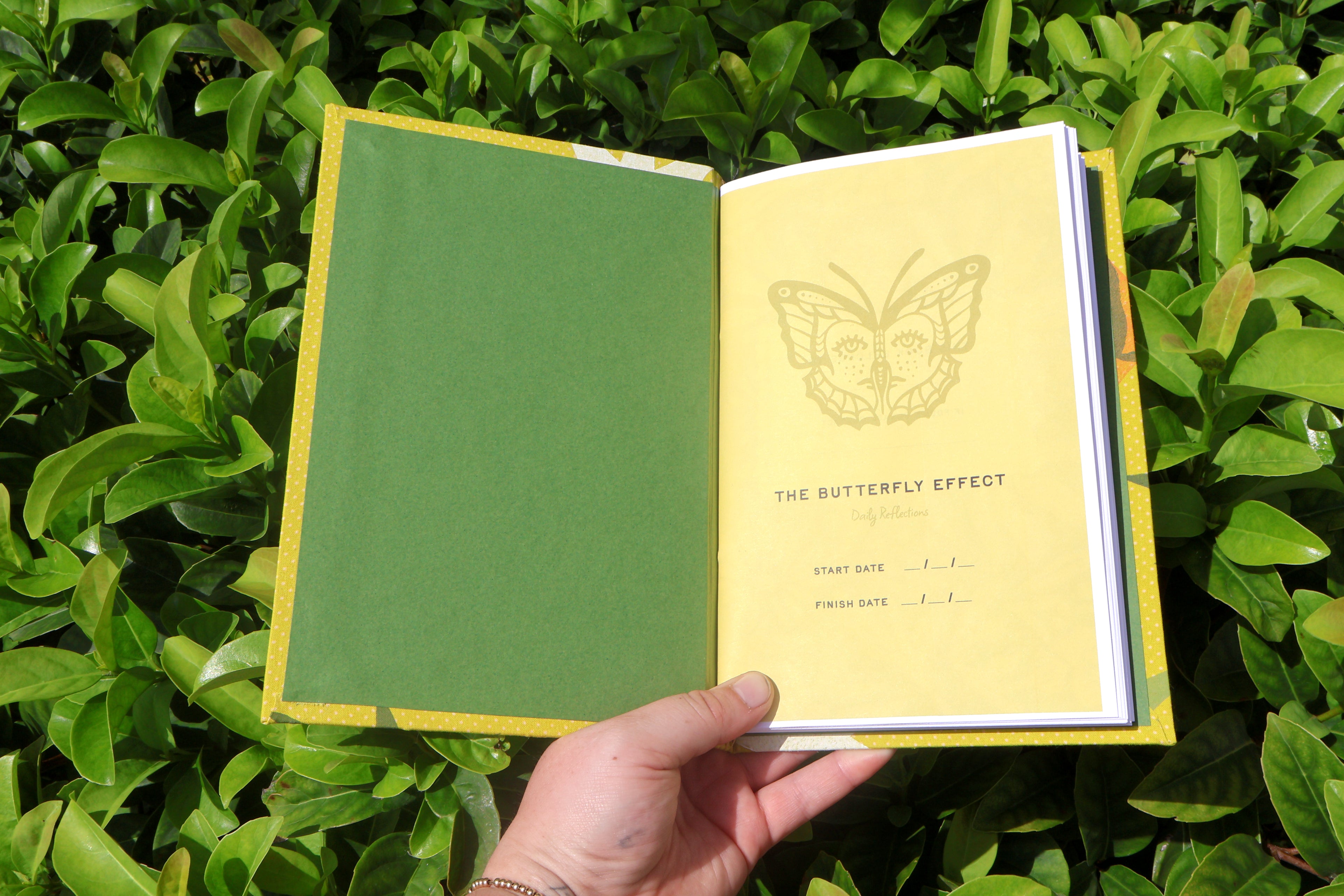 An open notebook or journal held by a hand, showing a green left page and a pale yellow right page with a butterfly illustration and the title 'THE BUTTERFLY EFFECT.' The book is photographed outdoors against dense green foliage.  hand printed and bound self care reflections log