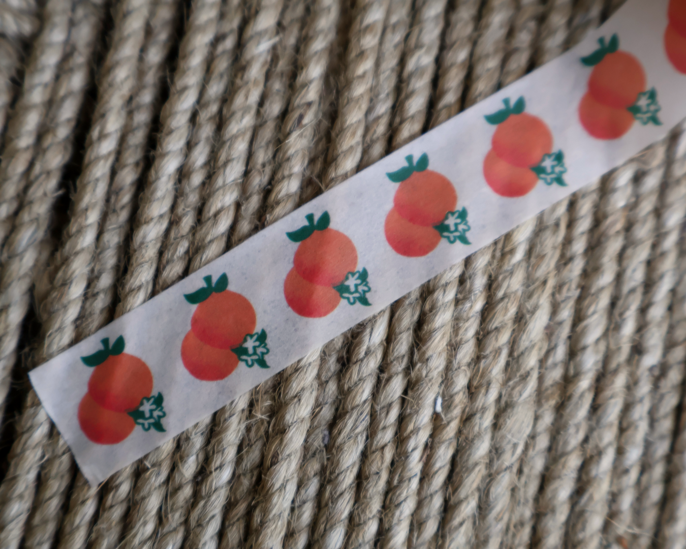 linocut design of florida orange citrus with on decorative washi tape. unrolled showing the design on a textured brown background. by dovetail studio