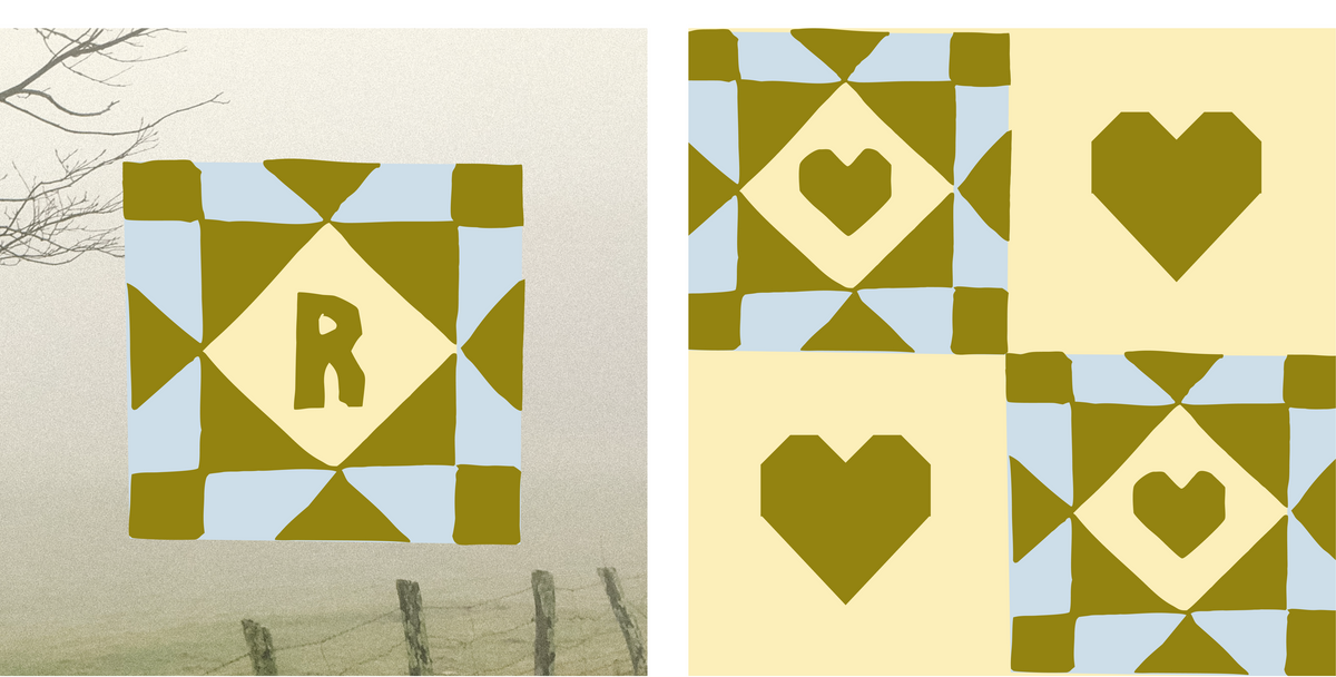 rachels quilt house logo and iconography created by dovetail studio with a linocut design process