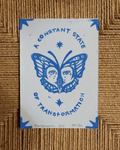 handmade linocut print with butterfly design and text 'A Constant State of Transformation' on a patterned background.