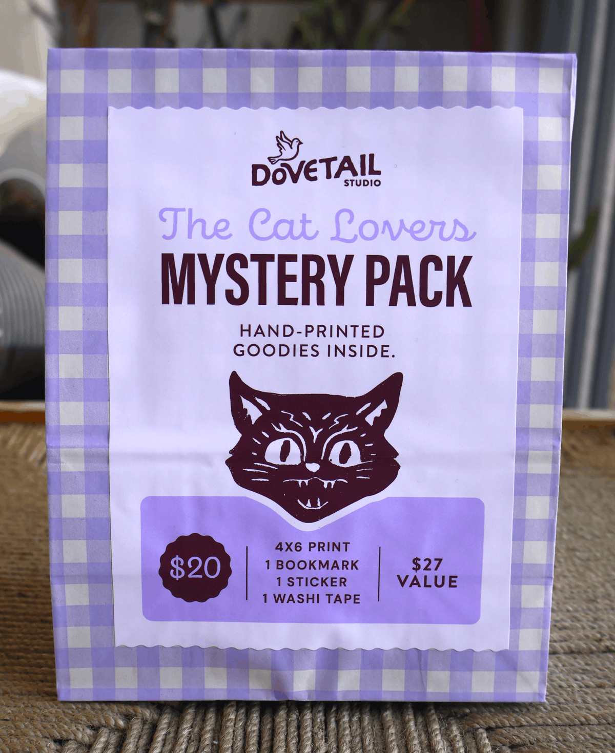 cat lover mystery linocut pack purple on brown woven table