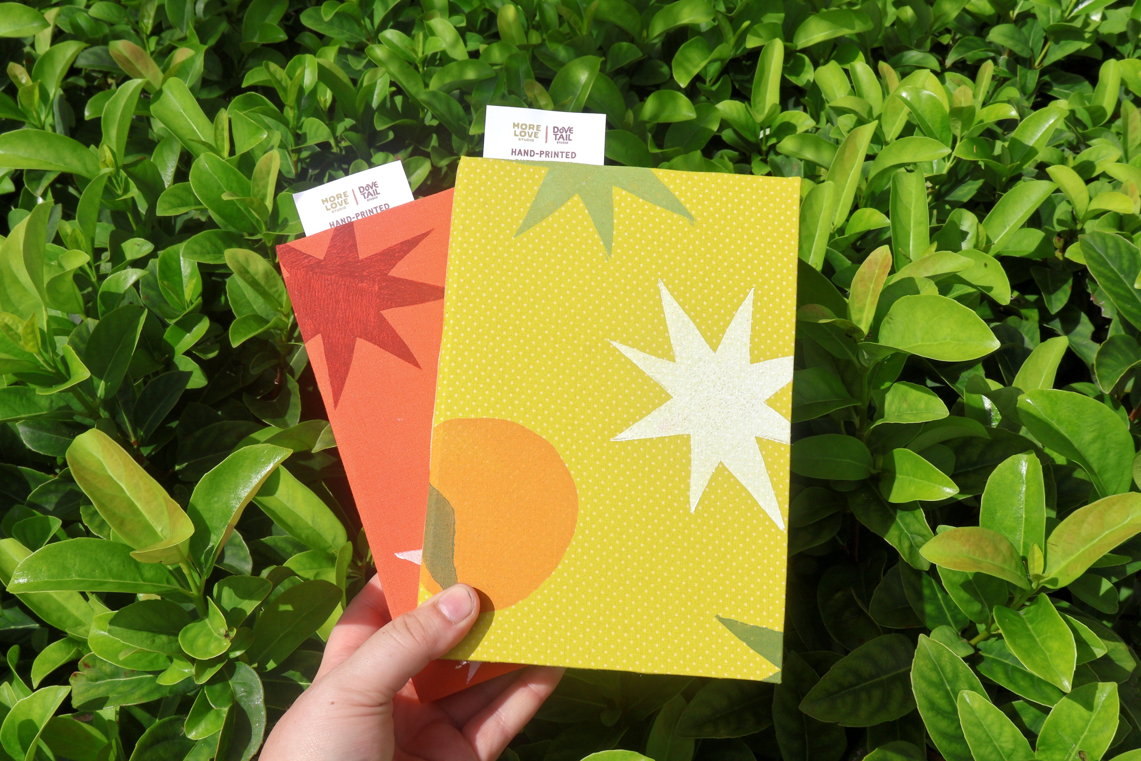 A hand holds two hand printed and bound sketchbooks in front of dense green foliage. The front sketchbook is yellow with a white starburst and orange fruit, and the back journal is orange with a red starburst.