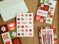 A set of thank you cards with retro floral and geometric patterns in red, green, and orange, displayed on a textured brown kraft paper background with a mint green envelope.