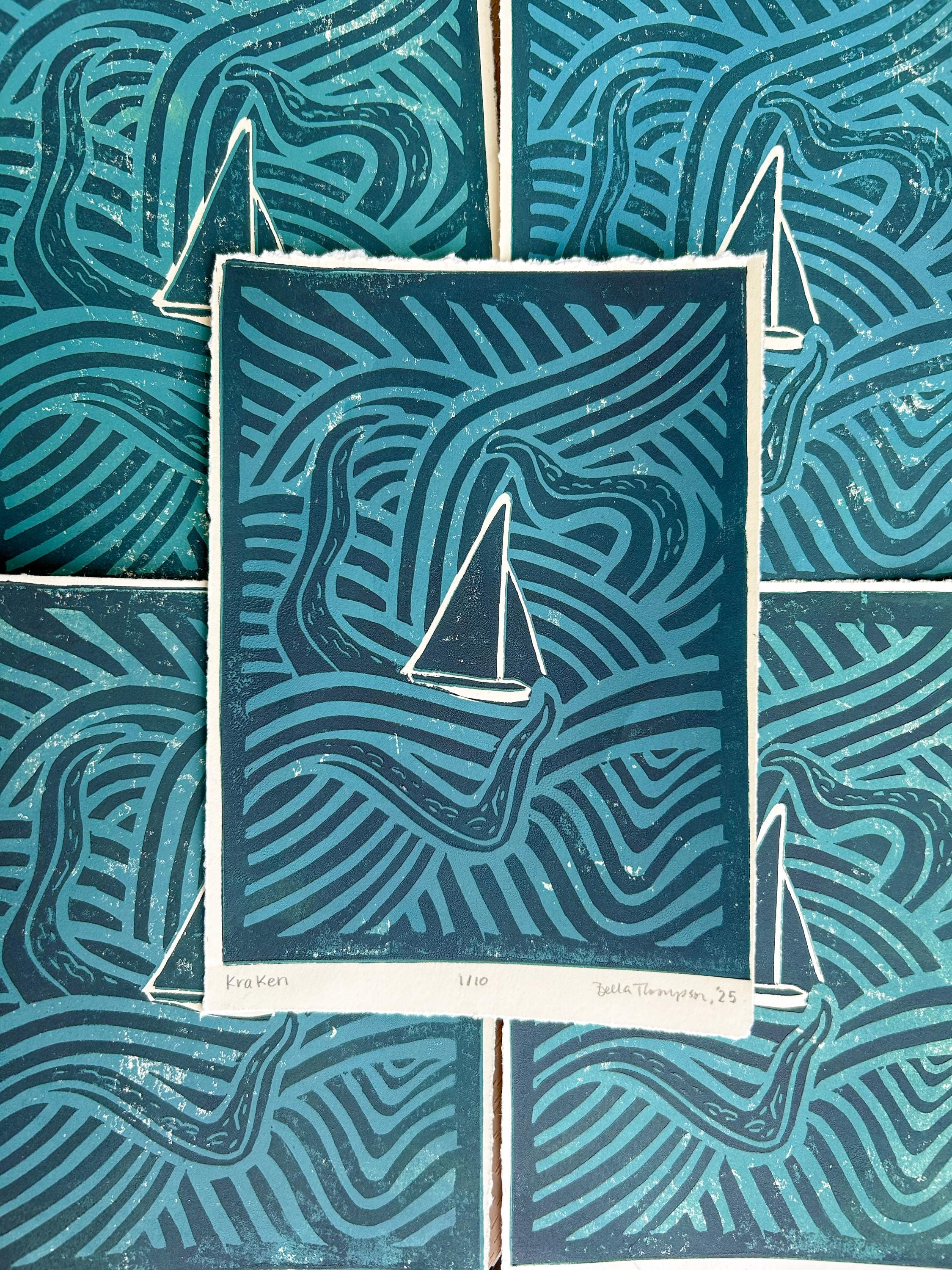 Kraken Linocut Print