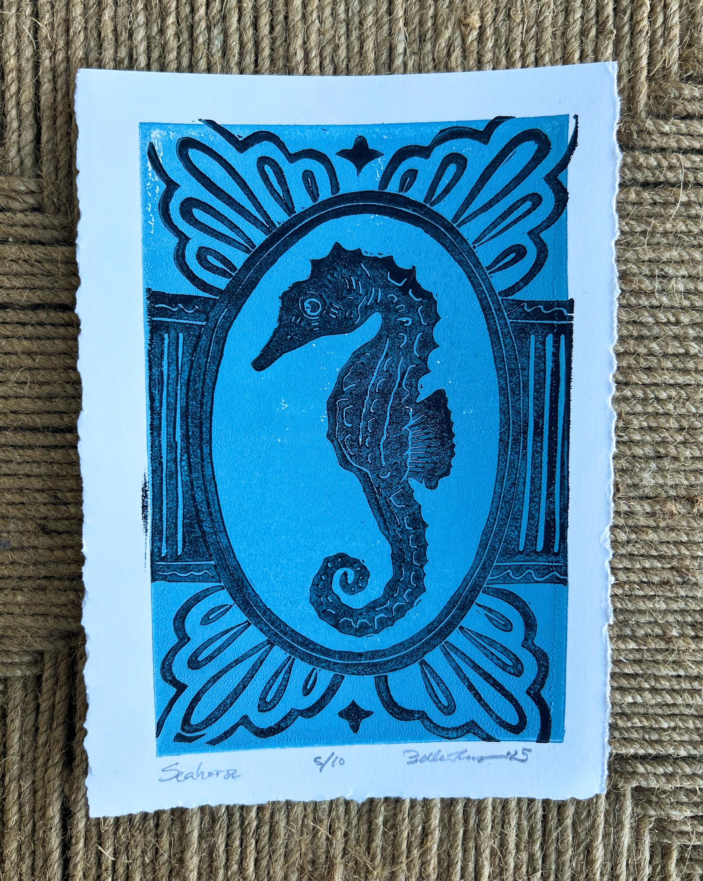 Seahorse Linocut Print