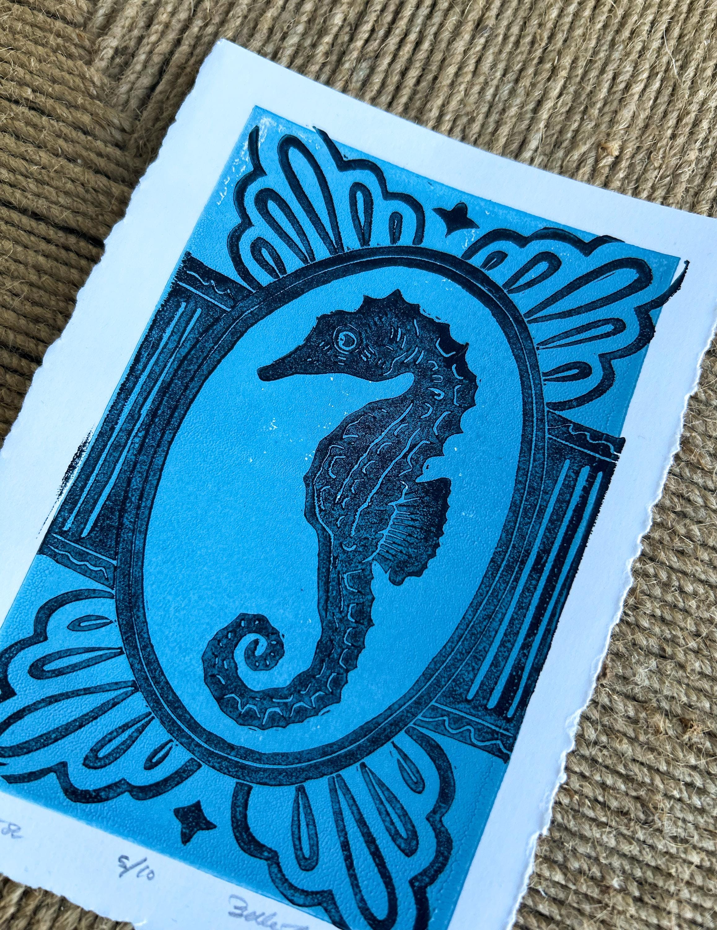 Seahorse Linocut Print