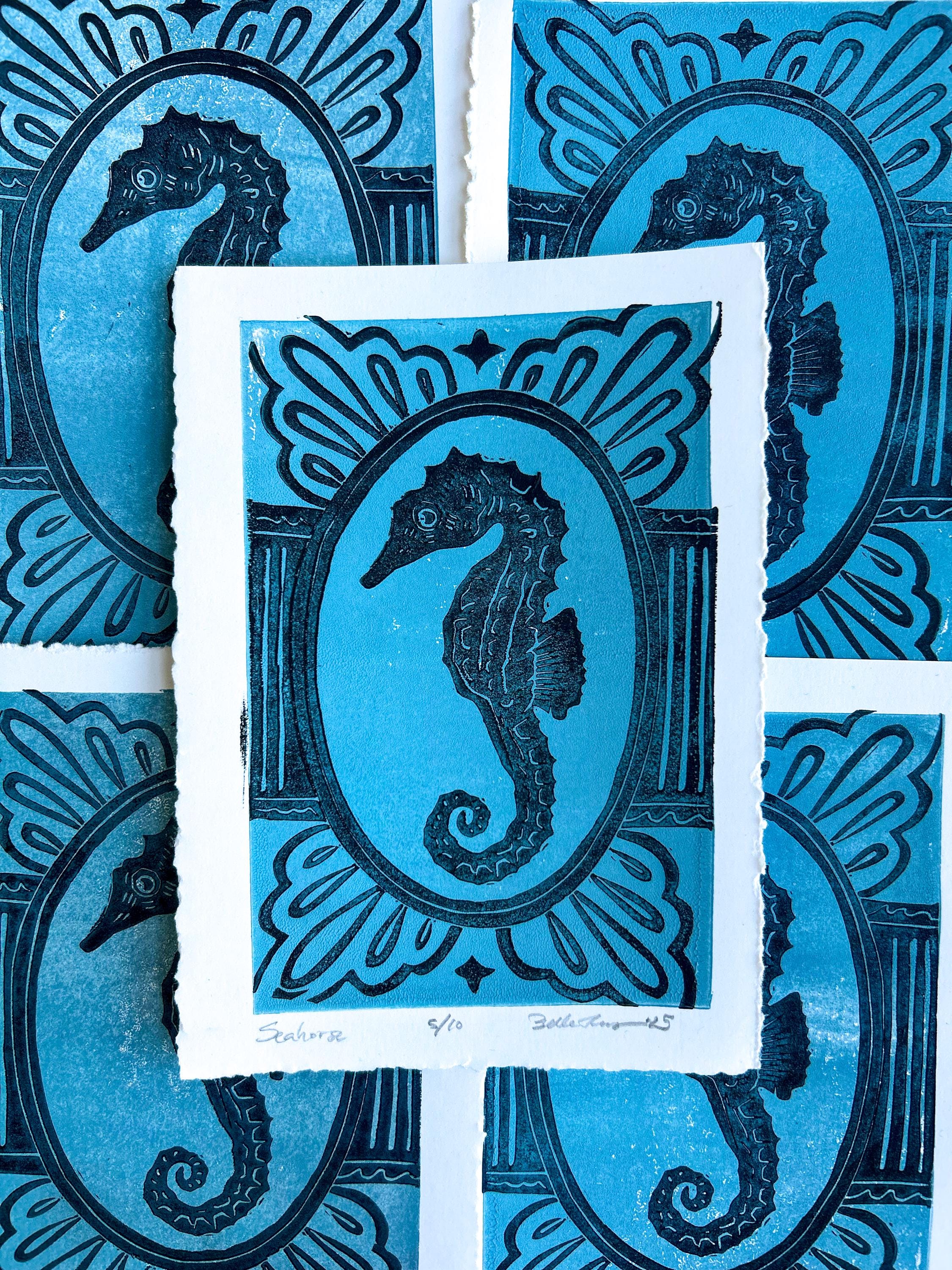 Seahorse Linocut Print