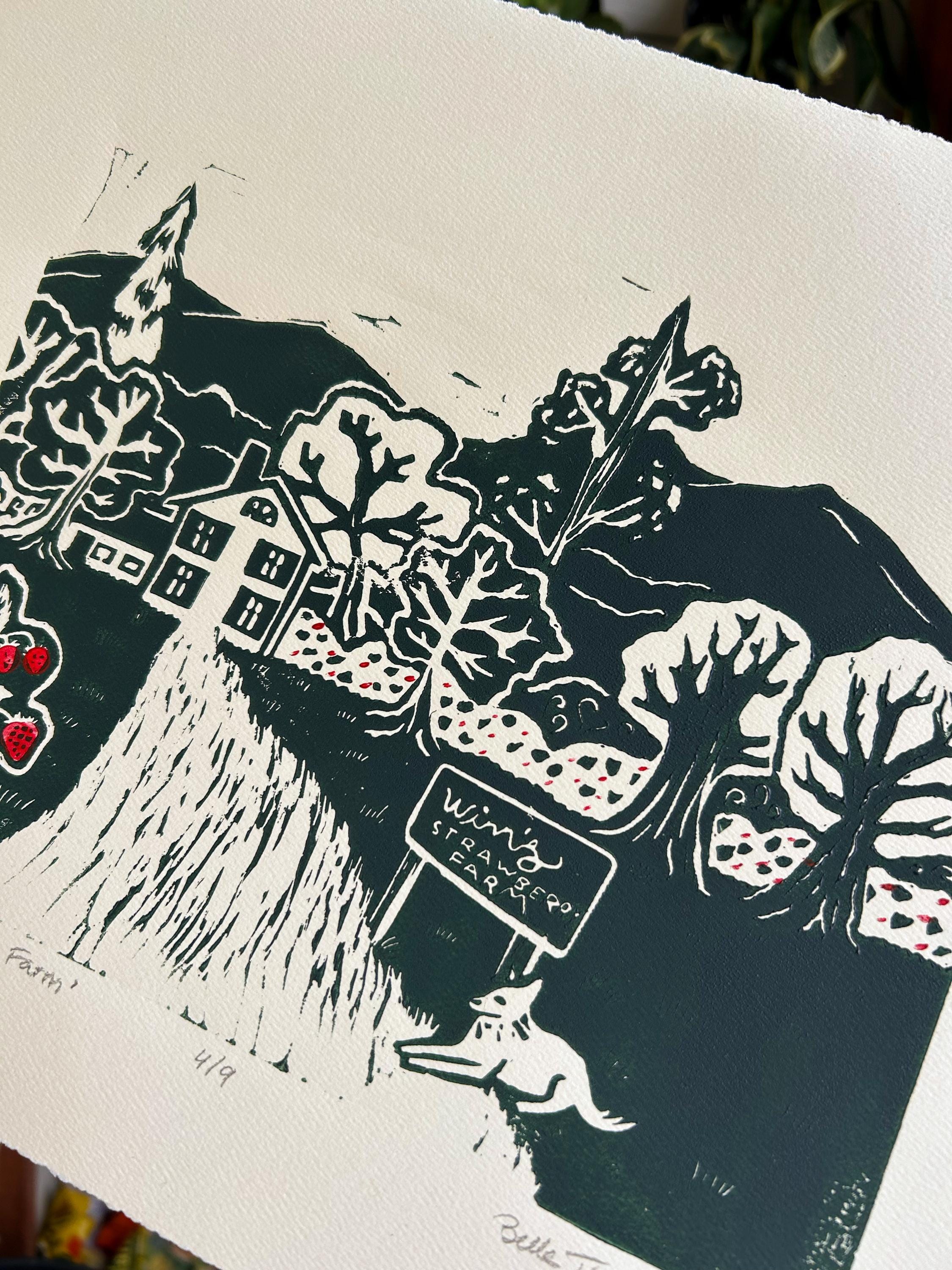 Winn's Strawberry Farm Linocut Print