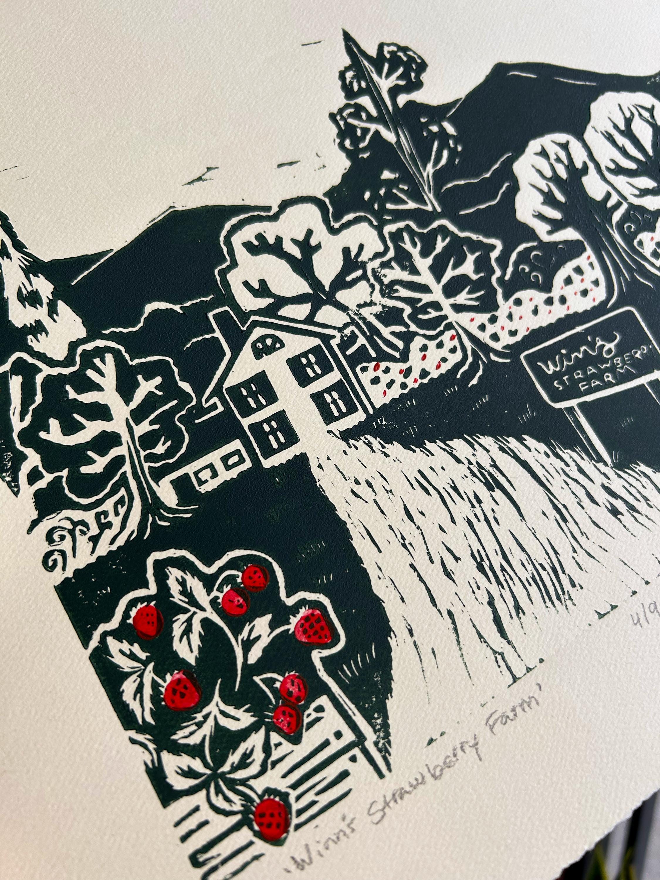 Winn's Strawberry Farm Linocut Print