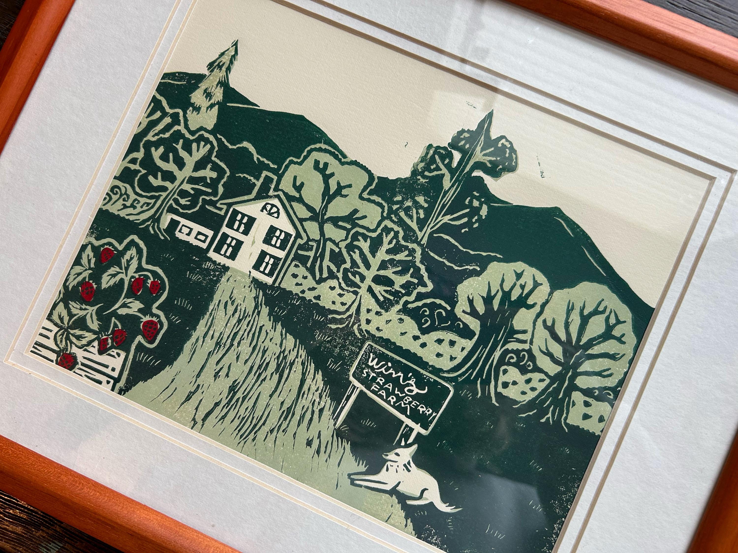 Framed Winn's Strawberry Farm Linocut Print