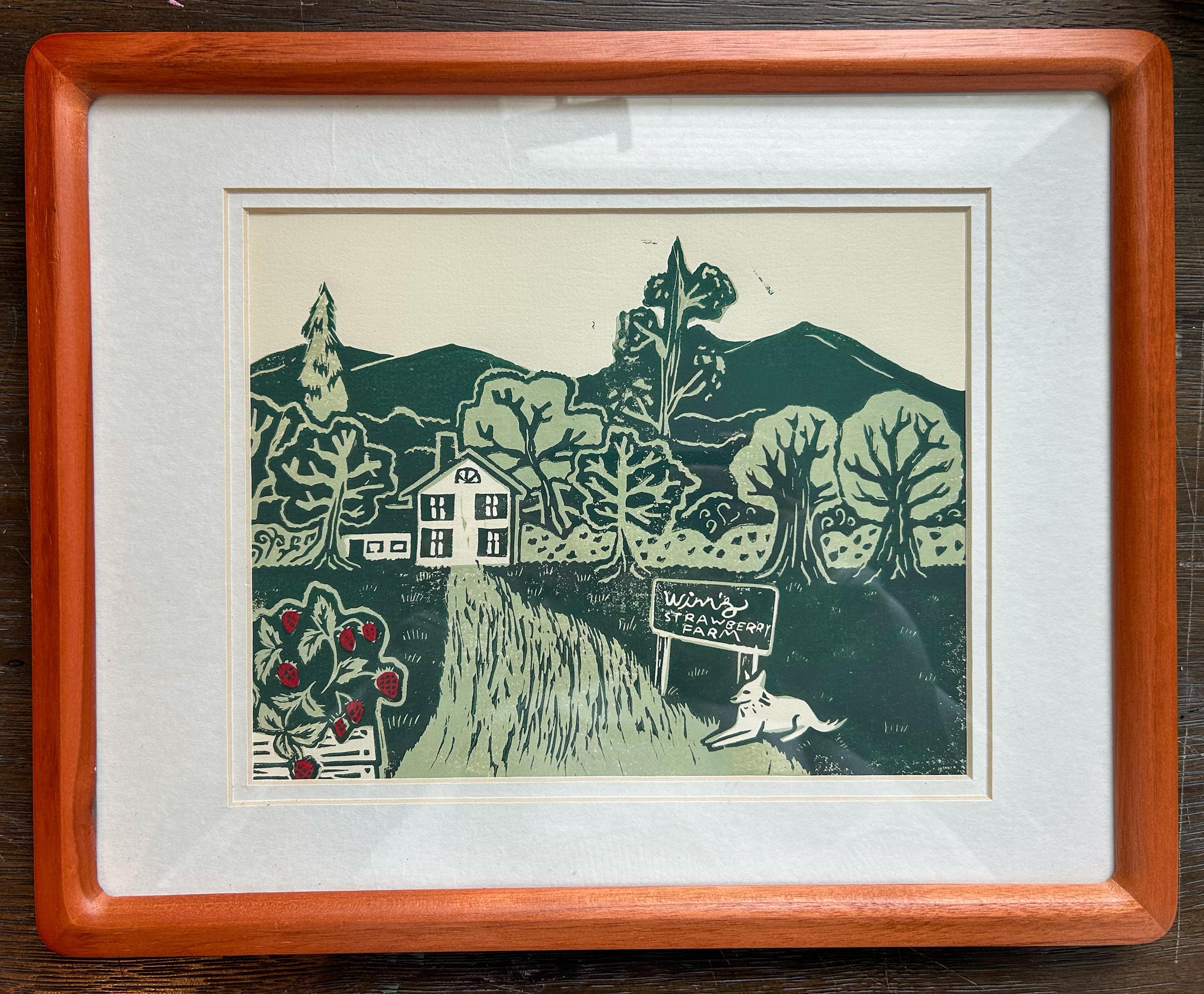 Framed Winn's Strawberry Farm Linocut Print