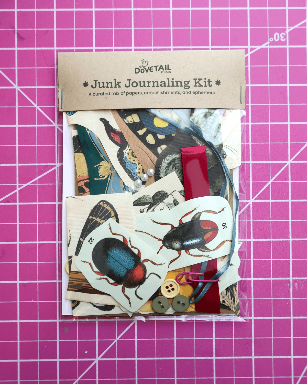 garden Junk Journaling Kit on a pink grid background