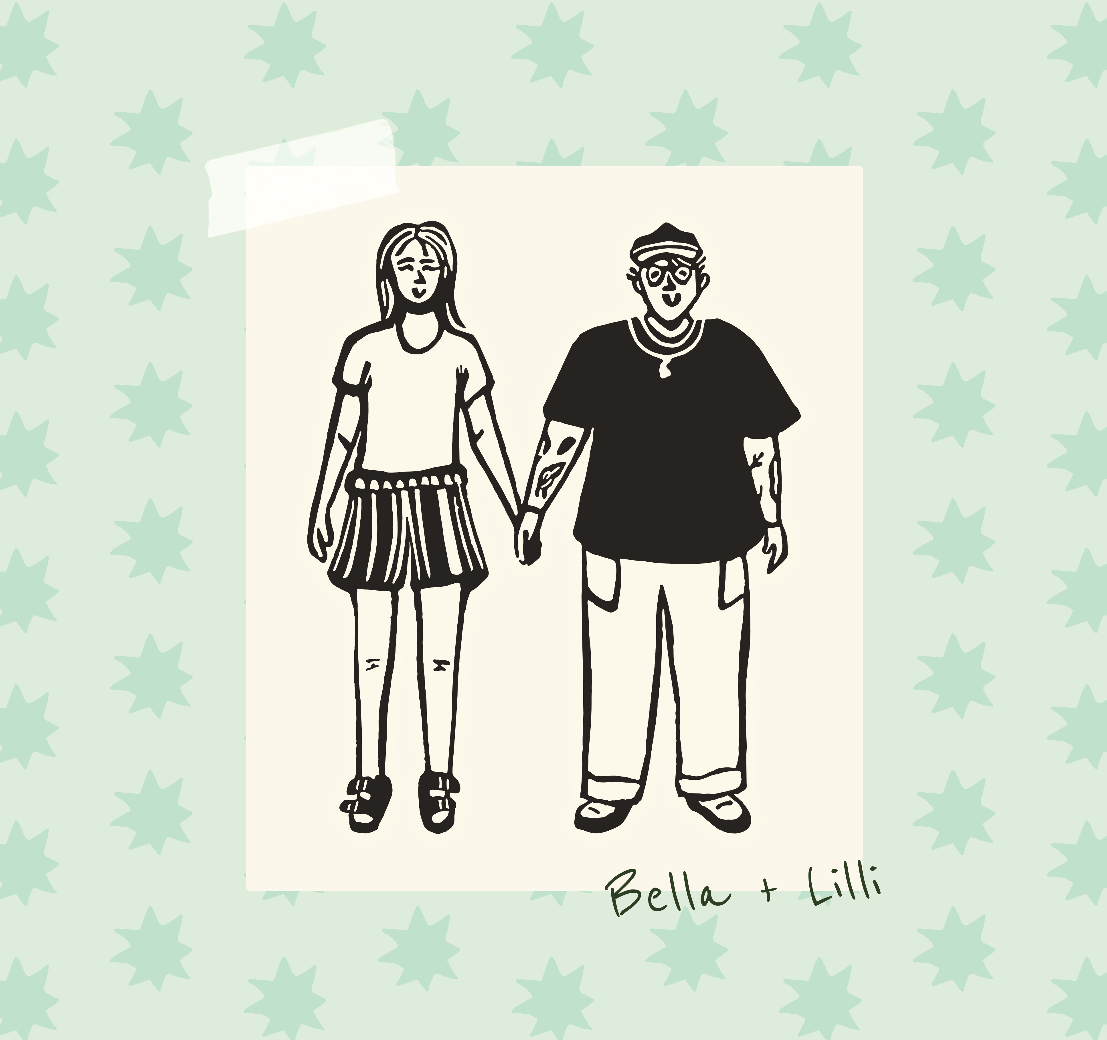 black linocut print design of the dovetail studio owners holding hands on a cream patch and tape with hand drawn type labeling their names on a teal and mint star background