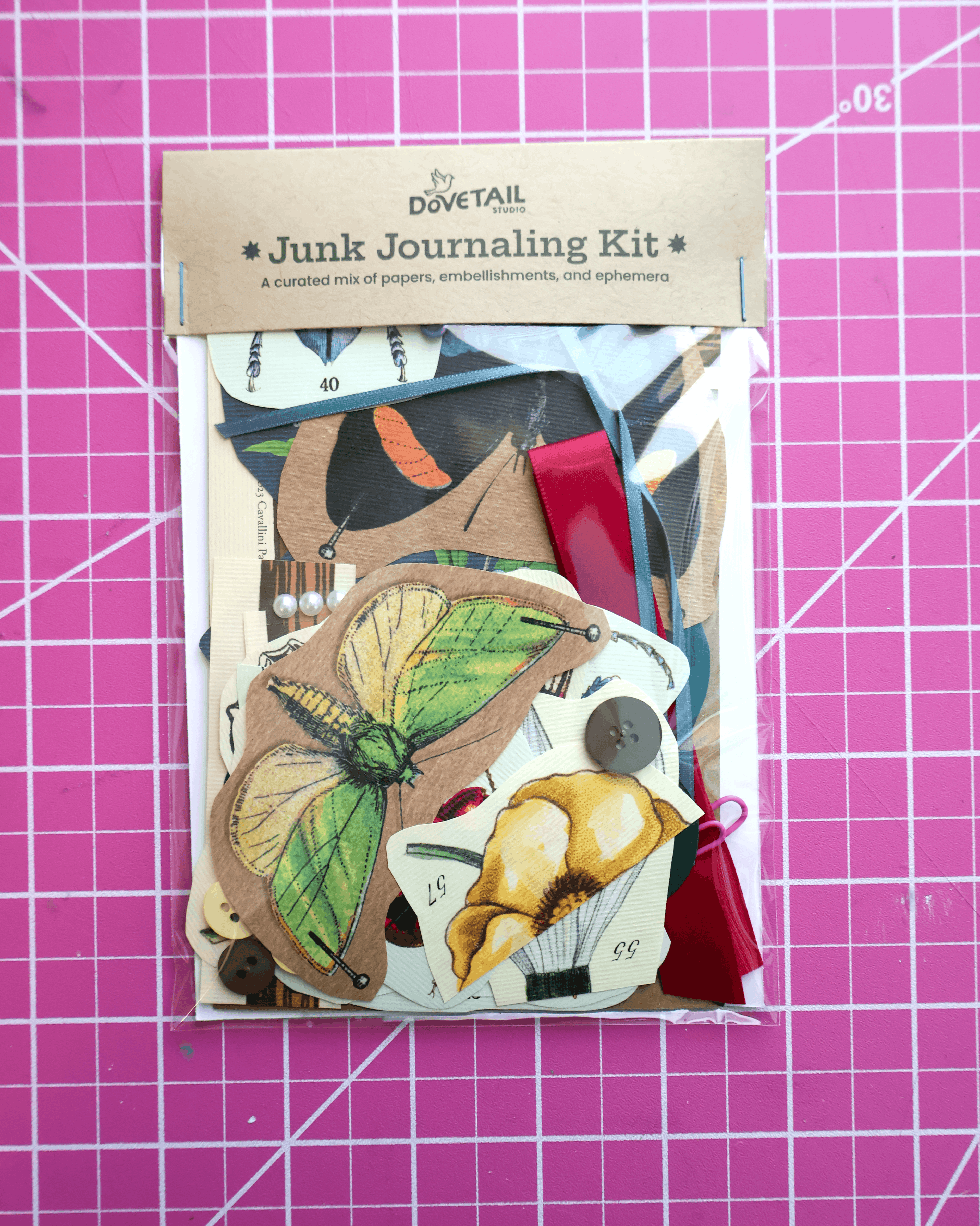 garden Junk Journaling Kit on a pink grid background