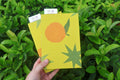 A hand holds two hand printed and bound sketchbooks in front of dense green foliage. The front sketchbook is yellow with a white starburst and orange fruit, and the back journal is orange with a red starburst.