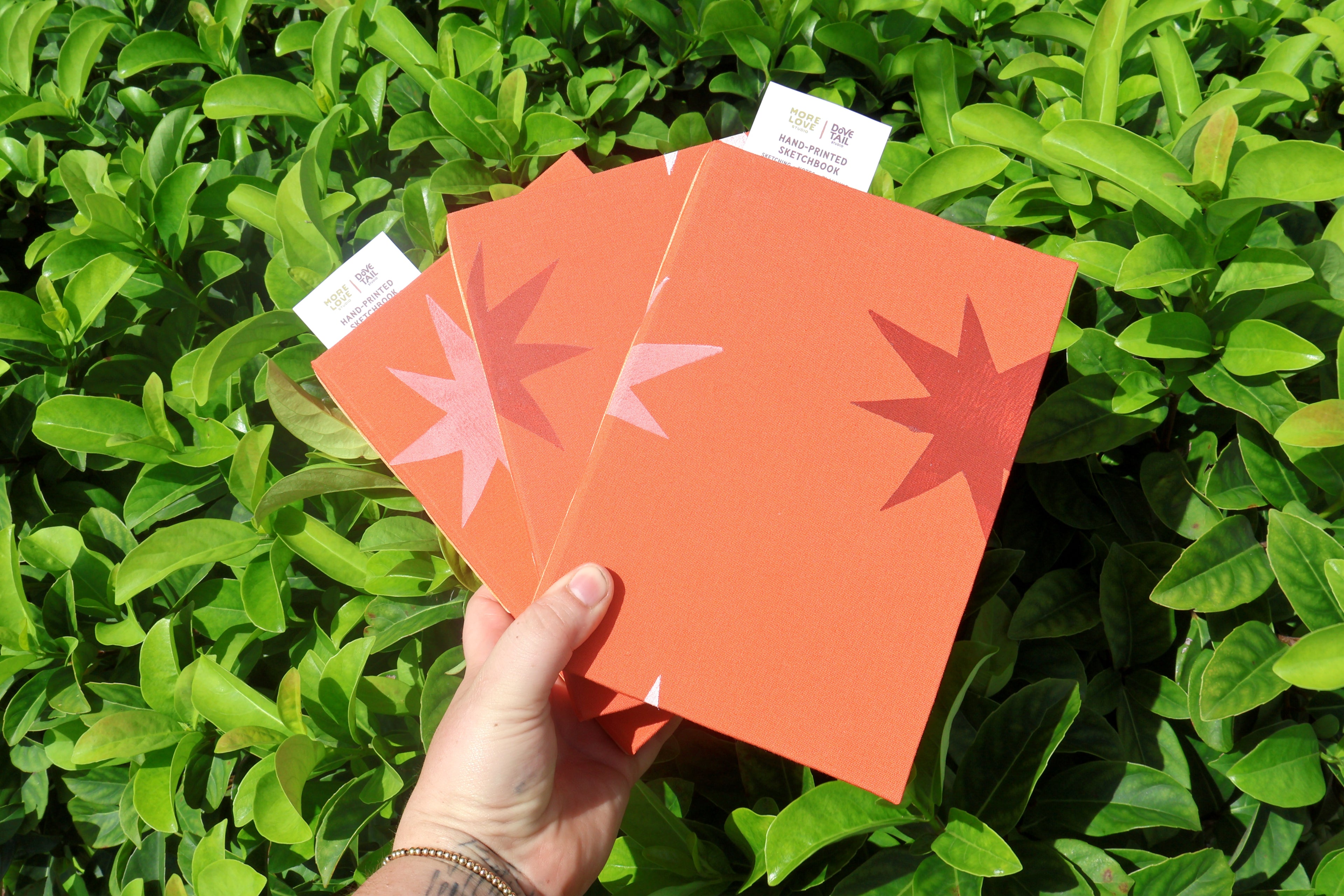 A hand holds two hand printed and bound sketchbooks in front of dense green foliage. The front sketchbook is orange with a white and red starbursts and the back journal is orange with a red starburst.