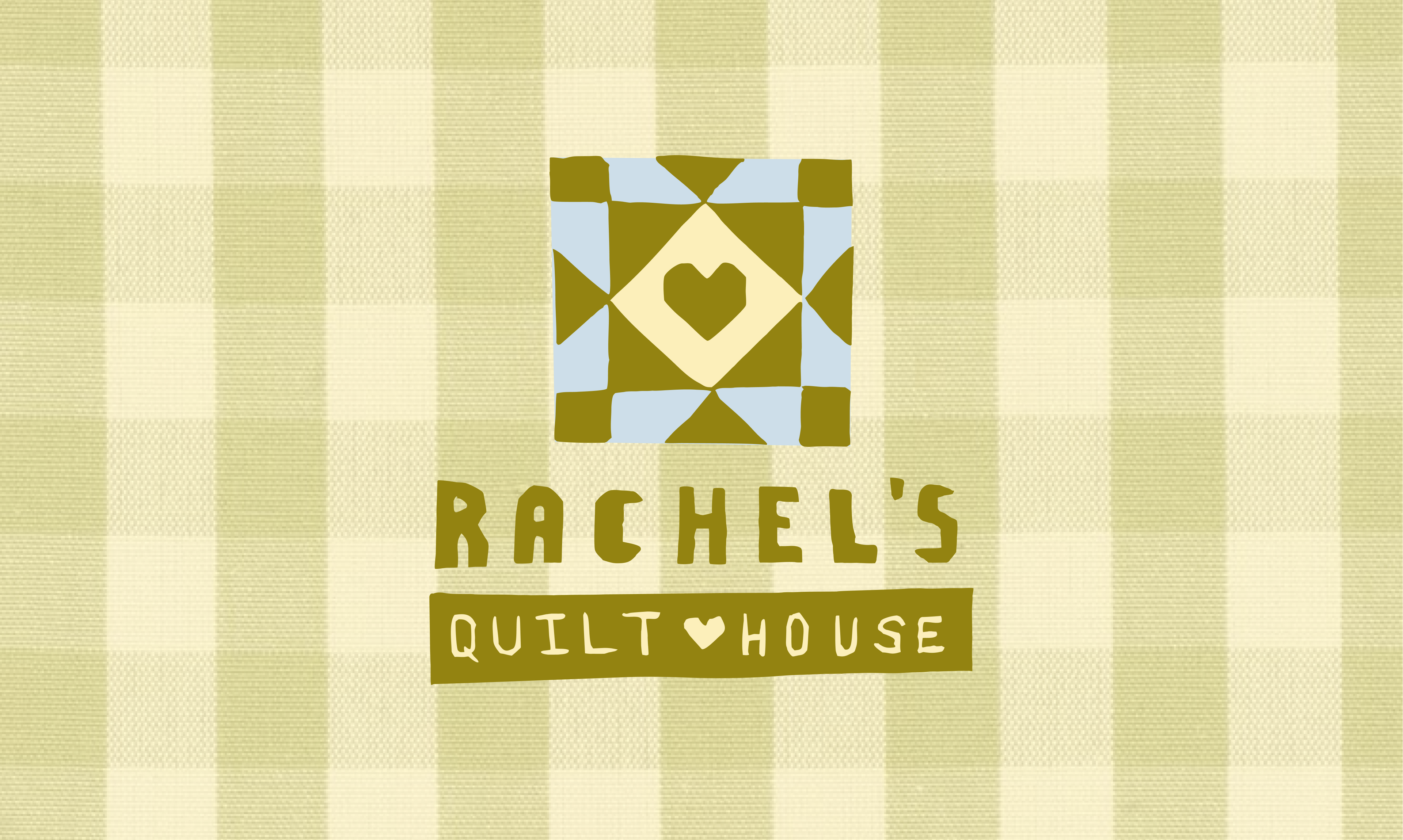A square quilt pattern logo with a central heart design, featuring olive green, light blue, and cream colors, above the text 'RACHEL'S QUILT HOUSE' on a light green and cream gingham background. Handmade linocut design logo