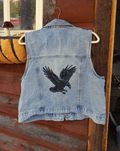 A light blue denim vest hanging on a white hanger against a rustic wooden door, featuring a large black embroidered raven design on the back.