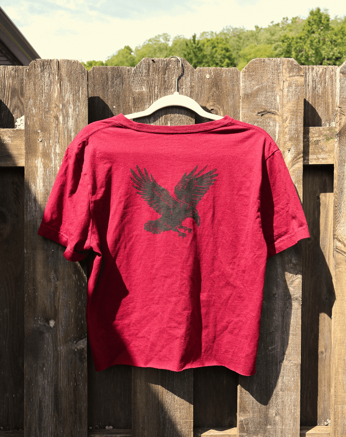A red short-sleeve t-shirt hanging on a white hanger against a weathered wooden fence outdoors. The back of the shirt features a large black graphic of an eagle with spread wings.