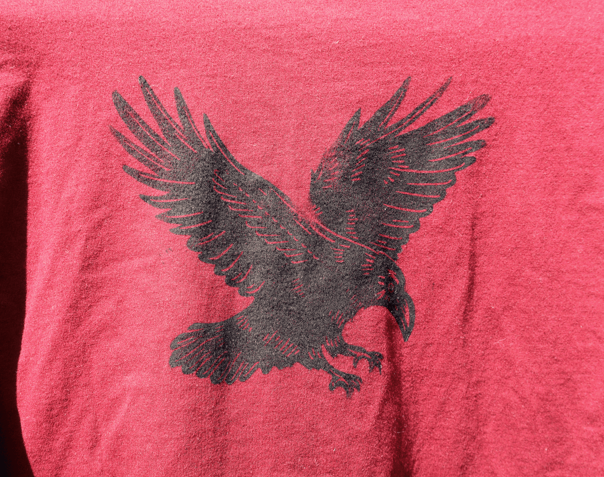 A close-up of a pinkish-red t-shirt featuring a distressed black graphic of a flying eagle.