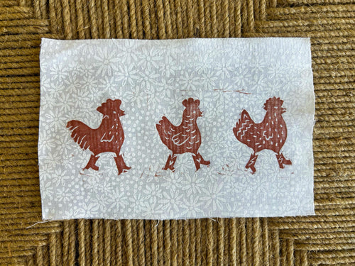Chickens with boots cotton fabric sew on patches having three chickens red on white fabric handmade linocut prints on a textured brown background