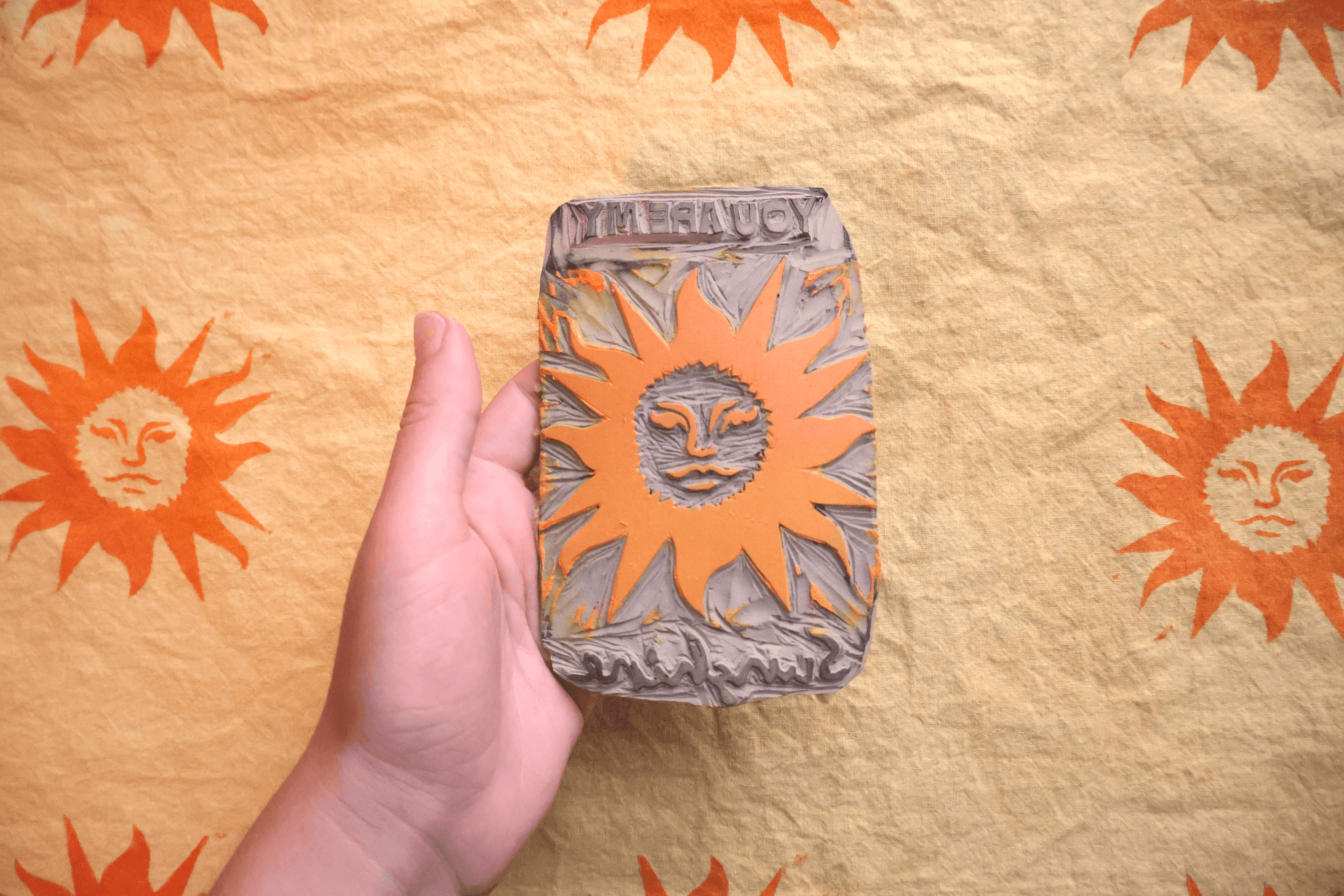 sunshine linocut yellow teatowel orange linoleum