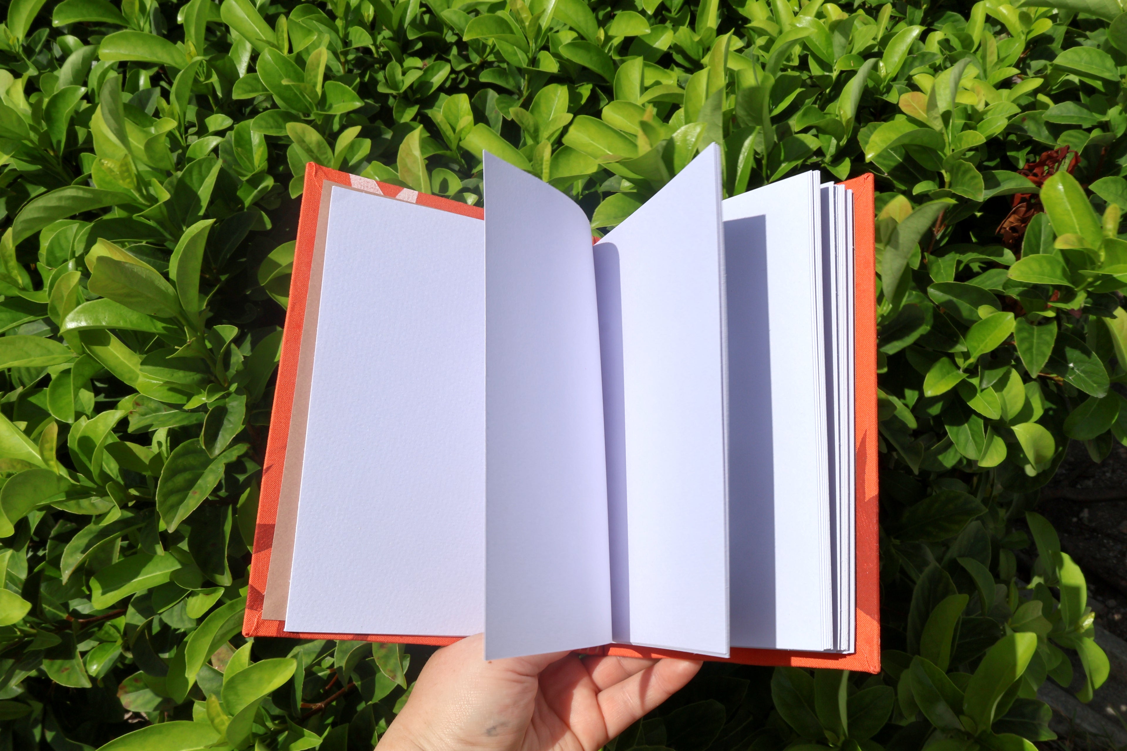 A hand holds an open,sketchbook with white watercolor pages and a red-orange cover, set against a background of green foliage. hand bound and linocut printed with more love studio