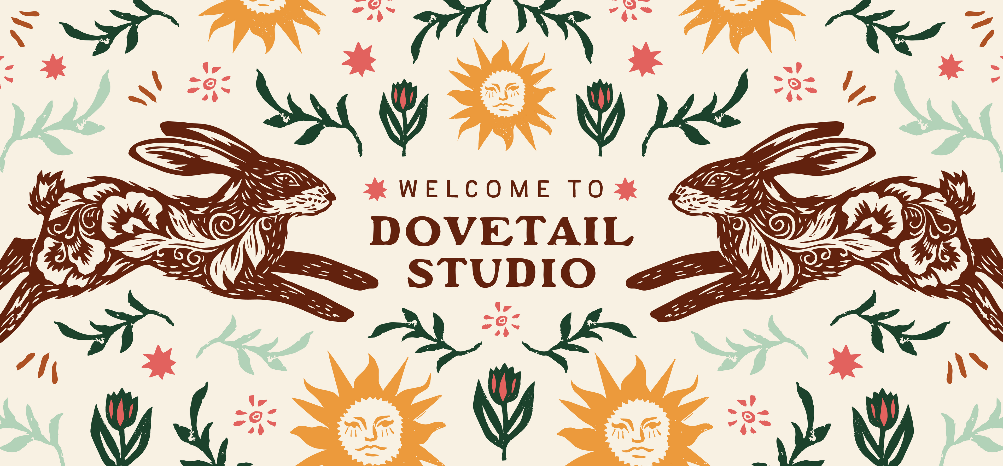 A decorative illustrated banner with the text 'WELCOME TO DOVETAIL STUDIO' centered between two brown hares and surrounded by floral and sun motifs in green, orange, pink, and cream.