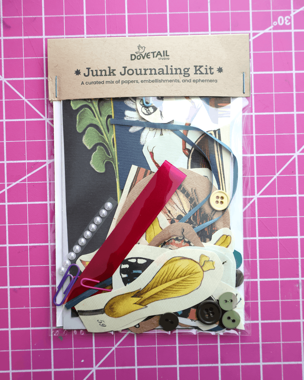 garden Junk Journaling Kit on a pink grid background