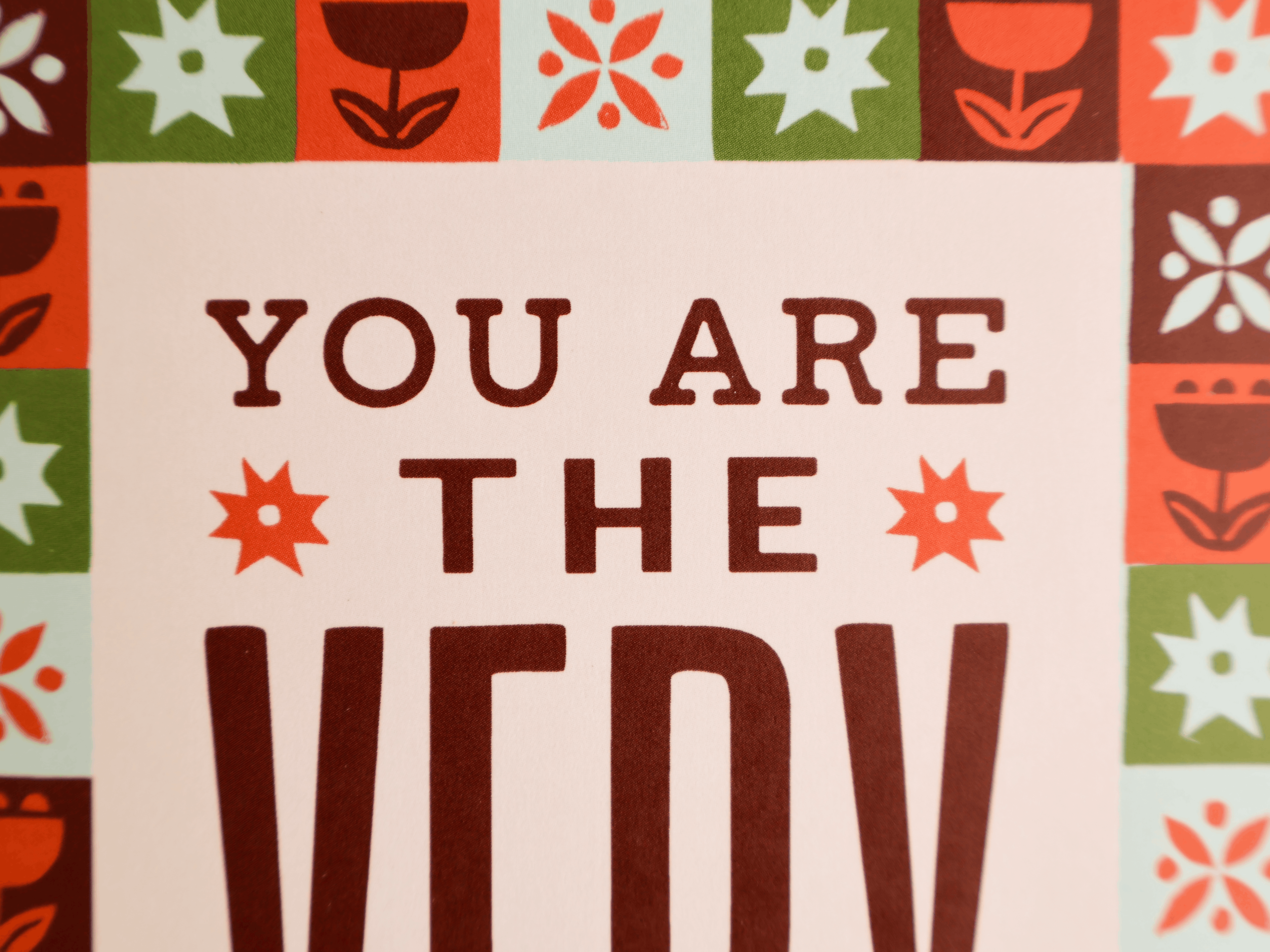 A close-up of a typographic art print or card featuring the text 'YOU ARE THE VEVY' in dark brown lettering on a white background, surrounded by a retro patterned border in orange, green, brown, and white.